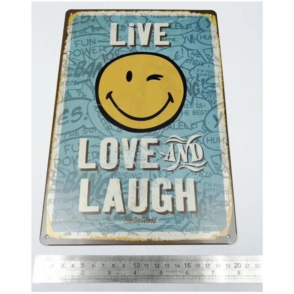 Vintage Theme Yellow Smiley Live Love and Laugh 30cm x 20cm Tin Sign Wall Decor